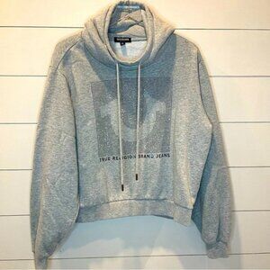 True Religion Crystal Logo Relaxed Gray Pullover Hoodie Womens Size Medium